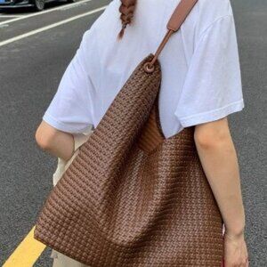 Vegan Faux Leather Woven Tote Shoulder Bag